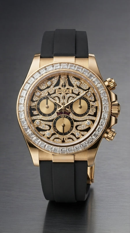 Rolex Daytona Eye of the Tiger 18K Yellow Gold Diamond Dial Rubber Strap Master Copy Watch For Men