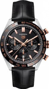 TAG Heuer Carrera Chronograph Men's Watch | Black Dial | Rose Gold Accents | 44mm Leather Strap