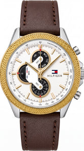 Tommy Hilfiger Multifunction Men's Watch | White Textured Dial | Brown Leather Strap | Gold Bezel | 43mm