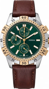 Fossil Garrett FS6147 Men's Chronograph Watch | Green Dial | Brown Leather Strap | 42mm