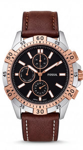 Fossil Garrett FS5625 Men's Chronograph Watch | Black Dial | Rose Gold Bezel | Brown Leather Strap | 42mm