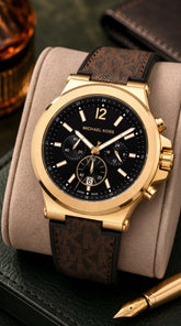 Michael Kors Dylan MK8904 Men's Chronograph Watch | Black Dial Gold Case | Signature Leather Strap | 7AA Ultra Premium