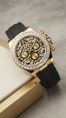 Rolex Daytona Eye of the Tiger 18K Yellow Gold Diamond Dial Rubber Strap Master Copy Watch For Men