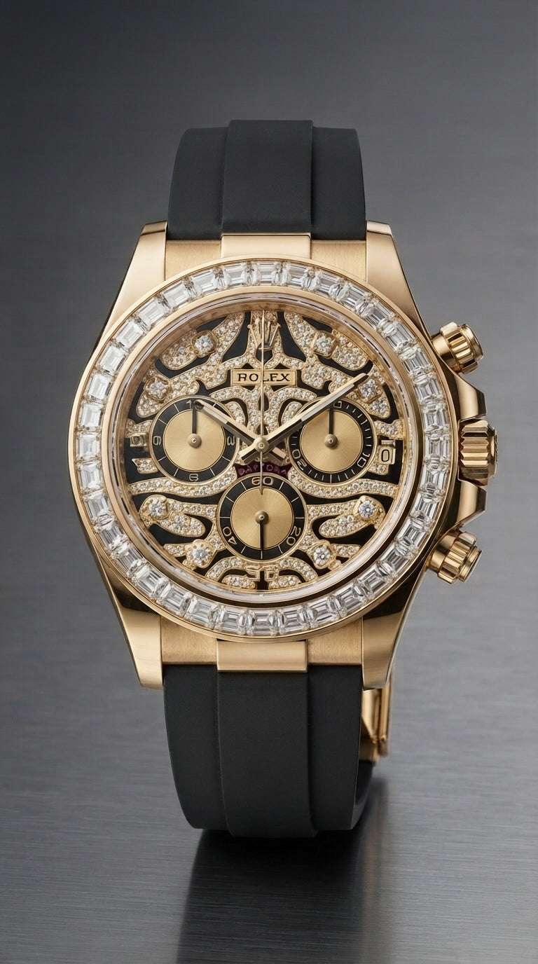 Rolex Daytona Eye of the Tiger 18K Yellow Gold Diamond Dial Rubber Strap Master Copy Watch For Men