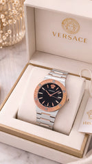 Versace Greca Women's Watch | Rose Gold & Silver | Black Sunray Dial | 35mm