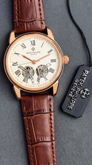 Patek Philippe Open Heart Classic Men's Automatic Watch | White Roman Dial | Brown Leather Strap | 42mm