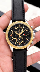 Tommy Hilfiger Clark Chronograph Men's Watch | Black Dial | Gold Bezel | Leather Strap | 43mm