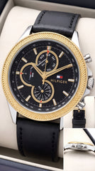 Tommy Hilfiger Clark Chronograph Men's Watch | Black Dial | Gold Bezel | Leather Strap | 43mm