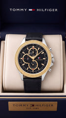 Tommy Hilfiger Clark Chronograph Men's Watch | Black Dial | Gold Bezel | Leather Strap | 43mm