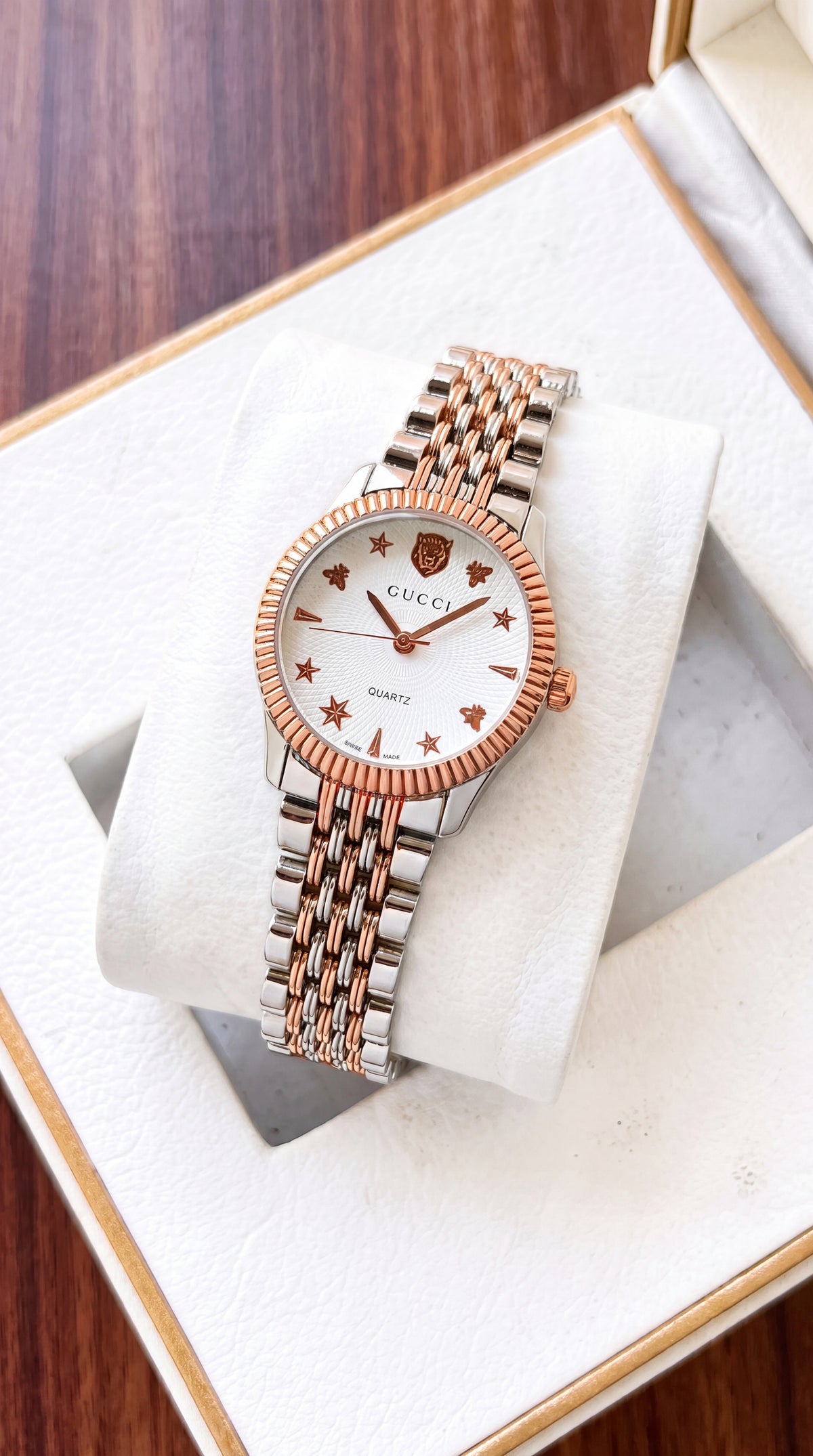 Gucci Women's Analog Watch | White Patent Dial | Rose Gold & Silver Bracelet | 32mm
