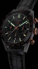 TAG Heuer Carrera Chronograph Men's Watch | Black Dial | Rose Gold Accents | 44mm Leather Strap
