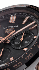 TAG Heuer Carrera Chronograph Men's Watch | Black Dial | Rose Gold Accents | 44mm Leather Strap