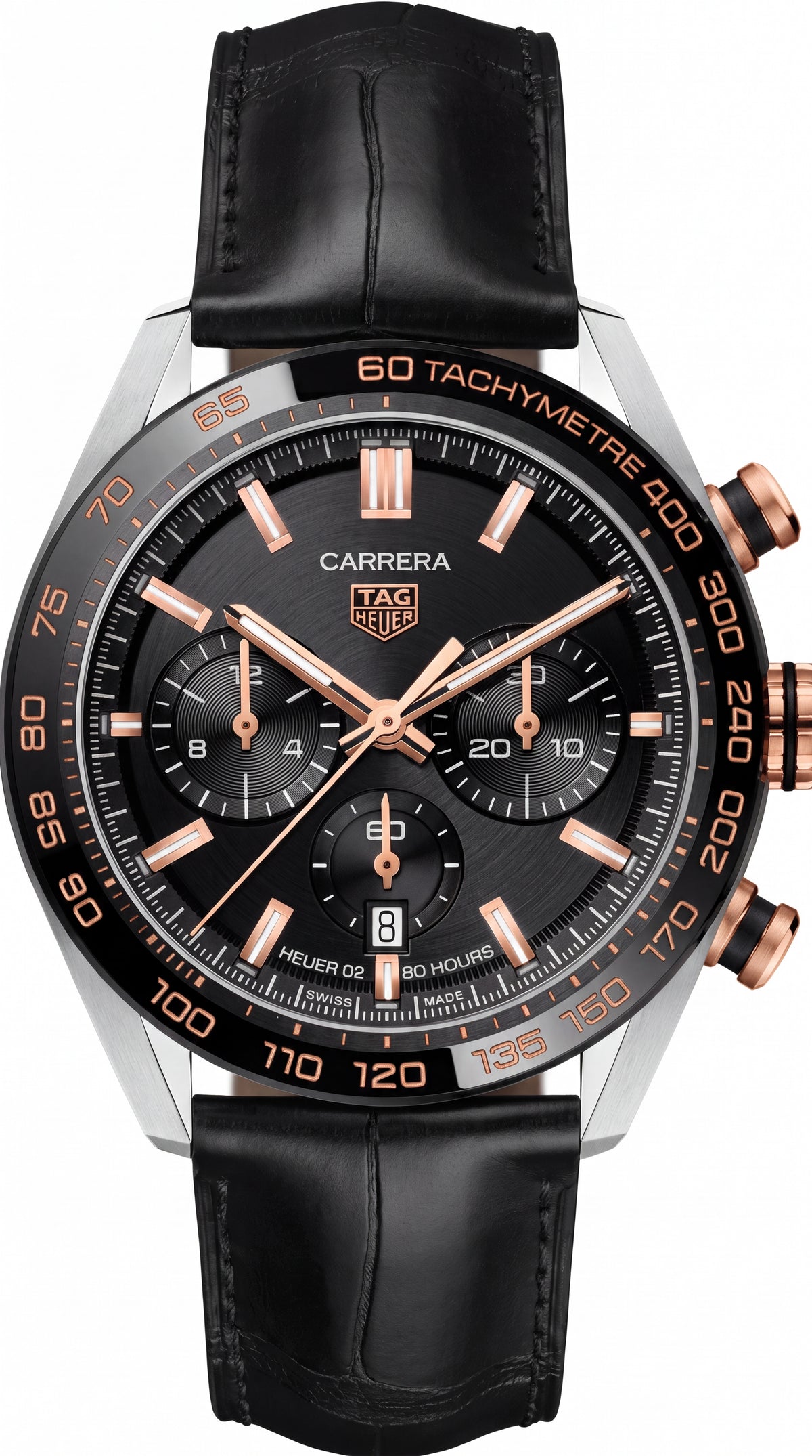TAG Heuer Carrera Chronograph Men's Watch | Black Dial | Rose Gold Accents | 44mm Leather Strap