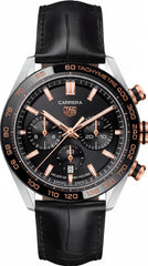 TAG Heuer Carrera Chronograph Men's Watch | Black Dial | Rose Gold Accents | 44mm Leather Strap