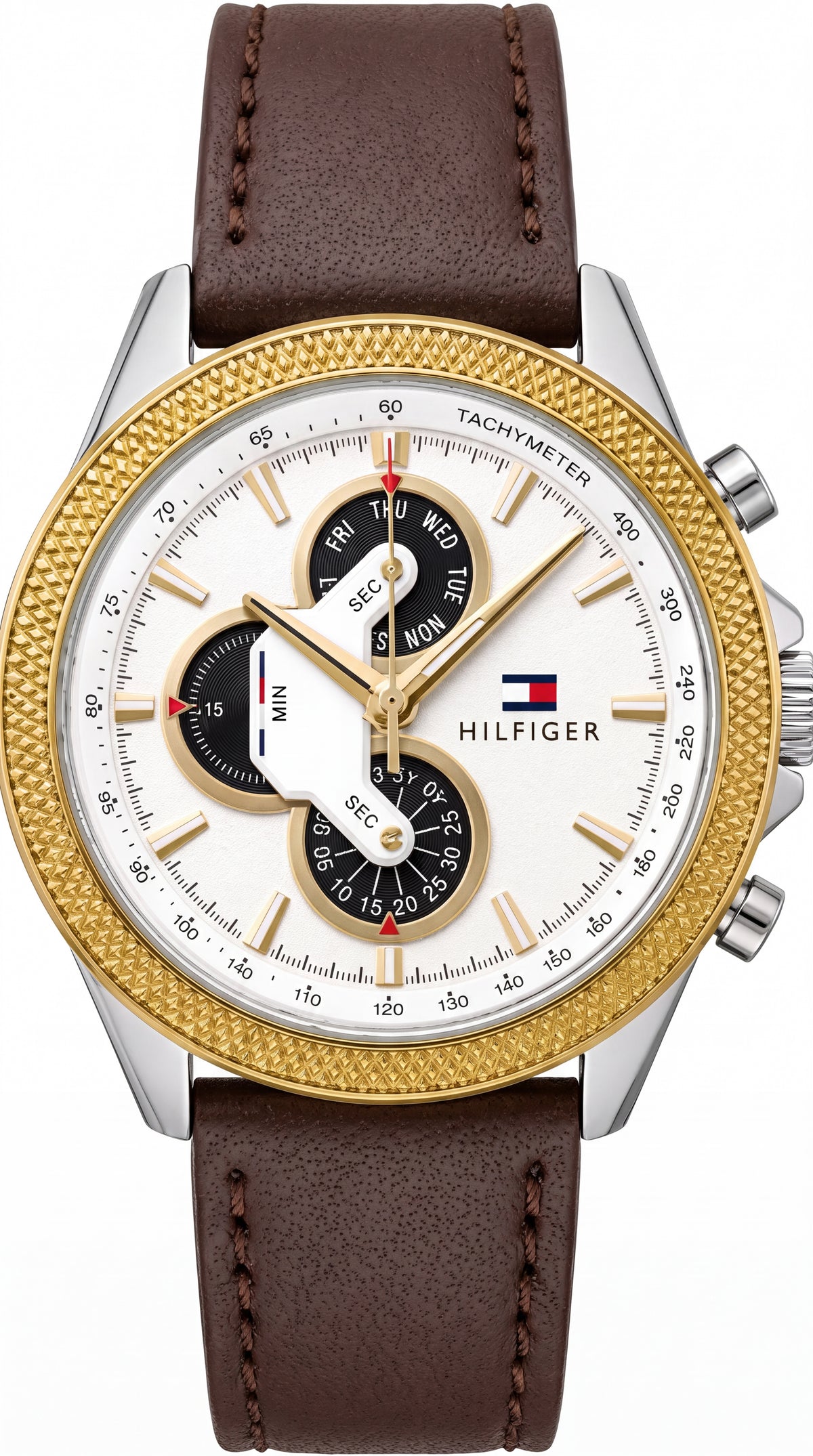 Tommy Hilfiger Multifunction Men's Watch | White Textured Dial | Brown Leather Strap | Gold Bezel | 43mm