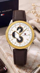 Tommy Hilfiger Multifunction Men's Watch | White Textured Dial | Brown Leather Strap | Gold Bezel | 43mm