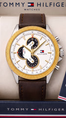 Tommy Hilfiger Multifunction Men's Watch | White Textured Dial | Brown Leather Strap | Gold Bezel | 43mm