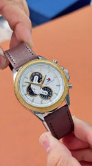 Tommy Hilfiger Multifunction Men's Watch | White Textured Dial | Brown Leather Strap | Gold Bezel | 43mm