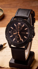 Fossil Multifunction Men's Watch | Black Dial | Brown Leather Strap | Matte Black Case | 43mm