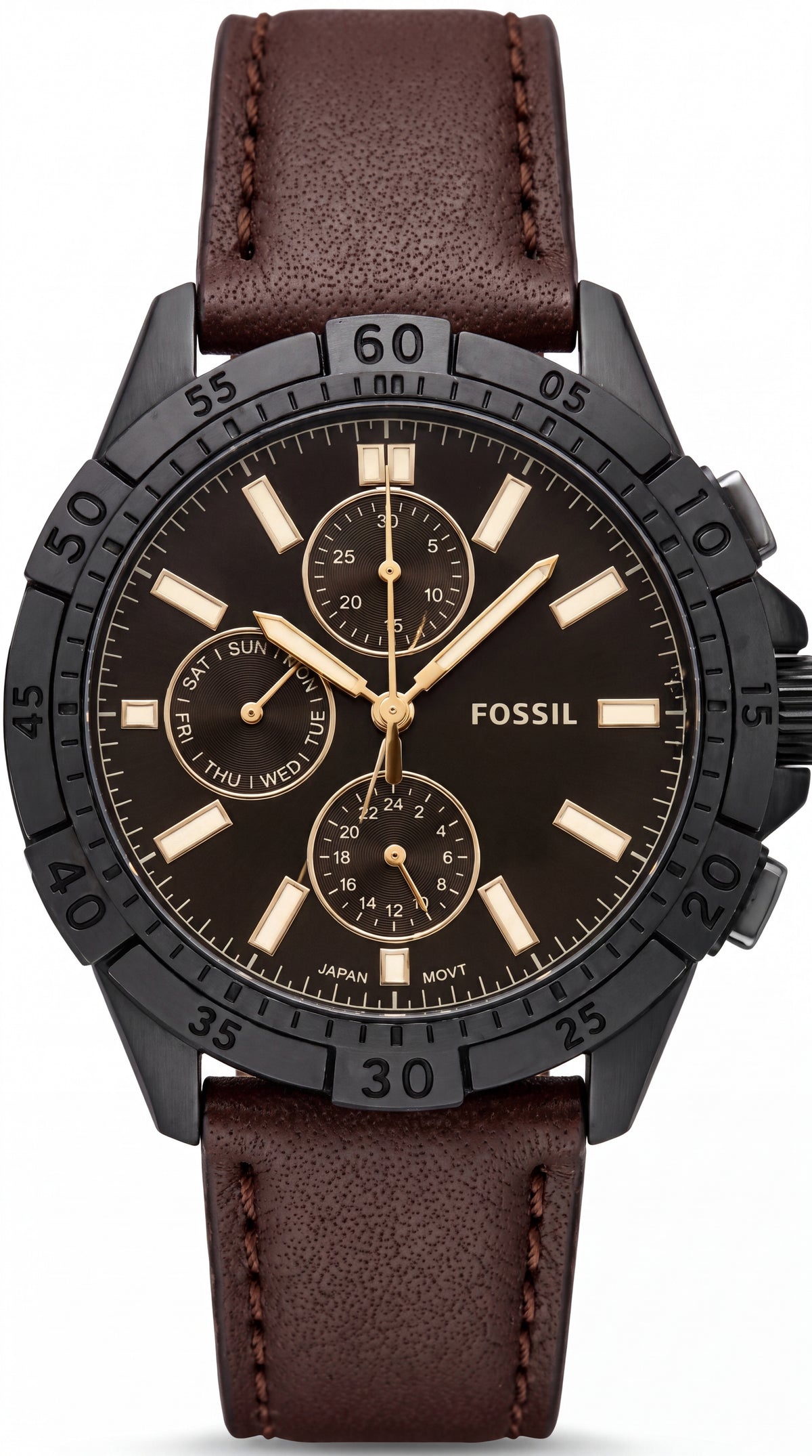 Fossil Multifunction Men's Watch | Black Dial | Brown Leather Strap | Matte Black Case | 43mm