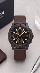 Fossil Multifunction Men's Watch | Black Dial | Brown Leather Strap | Matte Black Case | 43mm