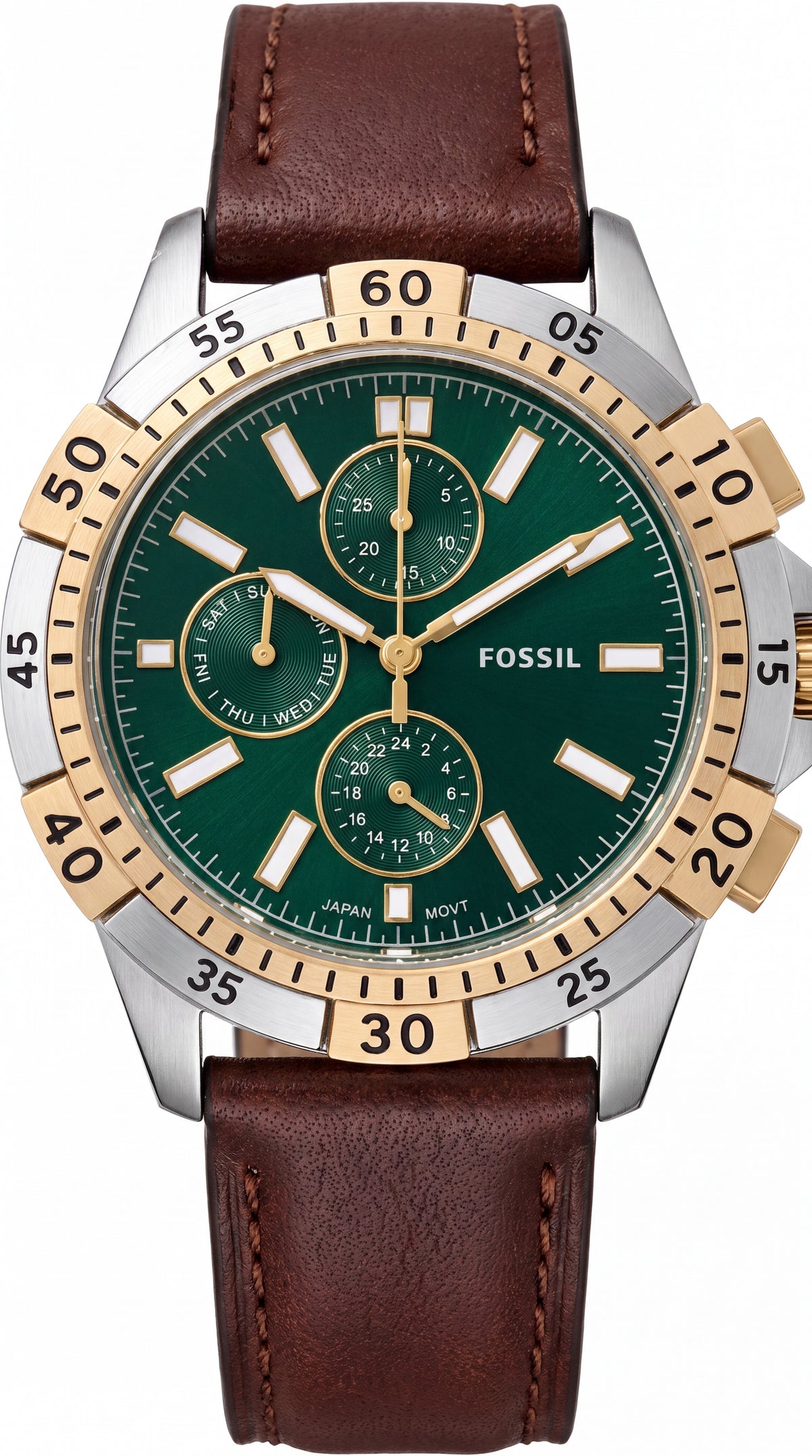 Fossil Garrett FS6147 Men's Chronograph Watch | Green Dial | Brown Leather Strap | 42mm