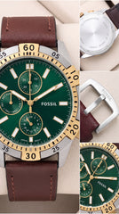 Fossil Garrett FS6147 Men's Chronograph Watch | Green Dial | Brown Leather Strap | 42mm