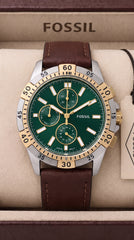 Fossil Garrett FS6147 Men's Chronograph Watch | Green Dial | Brown Leather Strap | 42mm