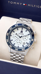 Tommy Hilfiger TH1792157W Men's Watch | White Dial | Blue Bezel | Stainless Steel Chronograph | 43mm