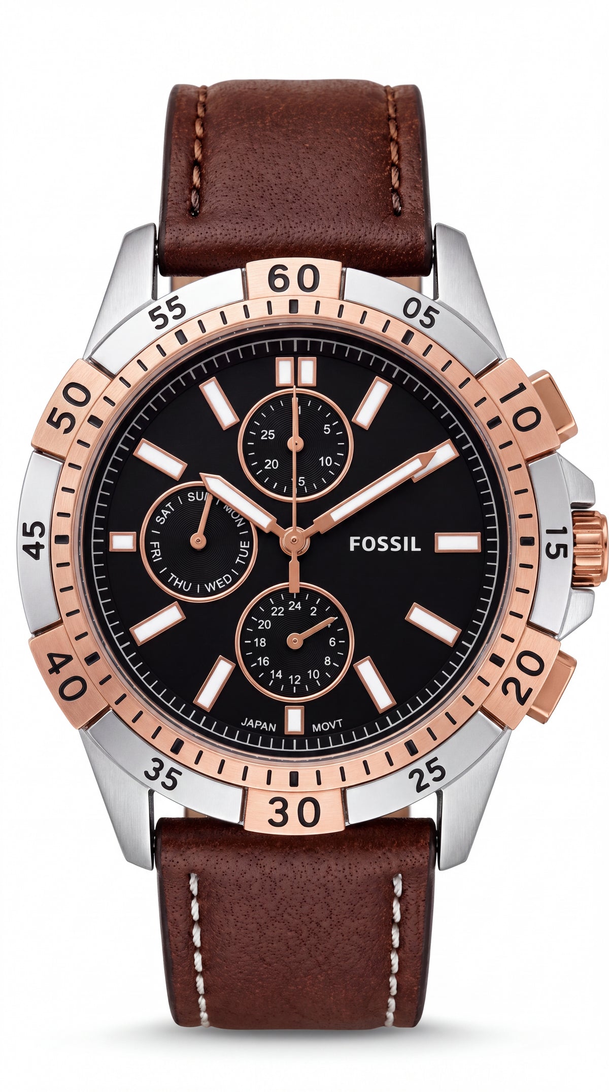 Fossil Garrett FS5625 Men's Chronograph Watch | Black Dial | Rose Gold Bezel | Brown Leather Strap | 42mm