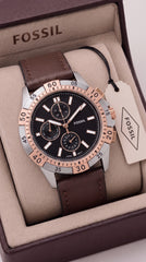 Fossil Garrett FS5625 Men's Chronograph Watch | Black Dial | Rose Gold Bezel | Brown Leather Strap | 42mm