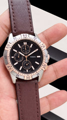Fossil Garrett FS5625 Men's Chronograph Watch | Black Dial | Rose Gold Bezel | Brown Leather Strap | 42mm
