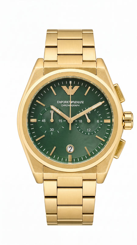 Emporio Armani AR11640 Master Copy Chronograph Watch for Men | Green Sunray Dial Gold Stainless Steel