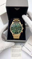 Emporio Armani AR11640 Master Copy Chronograph Watch for Men | Green Sunray Dial Gold Stainless Steel