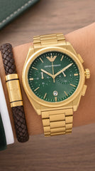 Emporio Armani AR11640 Master Copy Chronograph Watch for Men | Green Sunray Dial Gold Stainless Steel