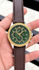 Tommy Hilfiger Clark Chronograph Men's Watch | Green Dial Brown Leather Strap | 7AA Premium Collection