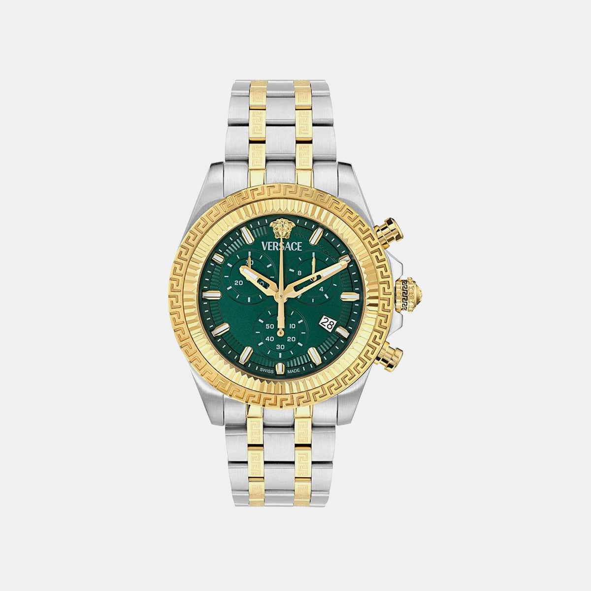 Versace Greca Chronograph 44mm Men's Watch | Green Dial Dual Tone Steel