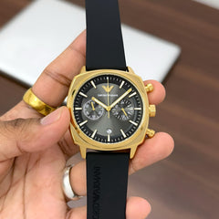 Emporio Armani Chronograph 43mm Black Dial Men's Watch | Gold Case & Black Strap