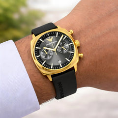 Emporio Armani Chronograph 43mm Black Dial Men's Watch | Gold Case & Black Strap