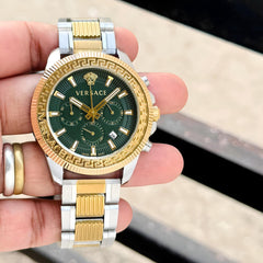 Versace Greca Chronograph 44mm Men's Watch | Green Dial Dual Tone Steel