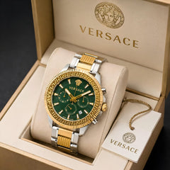 Versace Greca Chronograph 44mm Men's Watch | Green Dial Dual Tone Steel